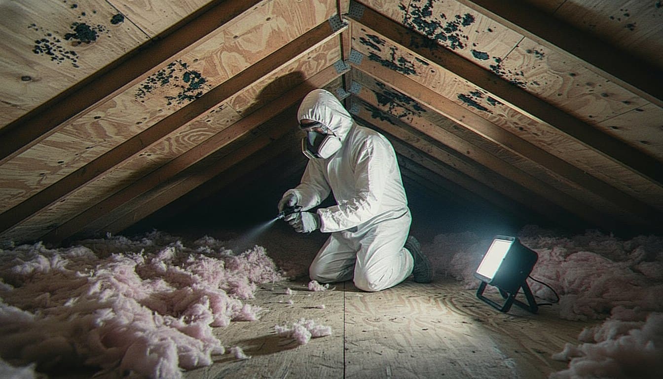 Technician treating mold on attic roof sheathing