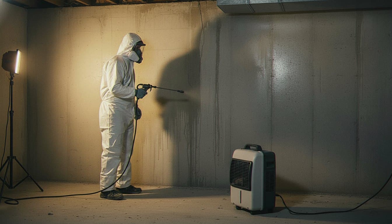 Technician removing mold in an unfinished basement