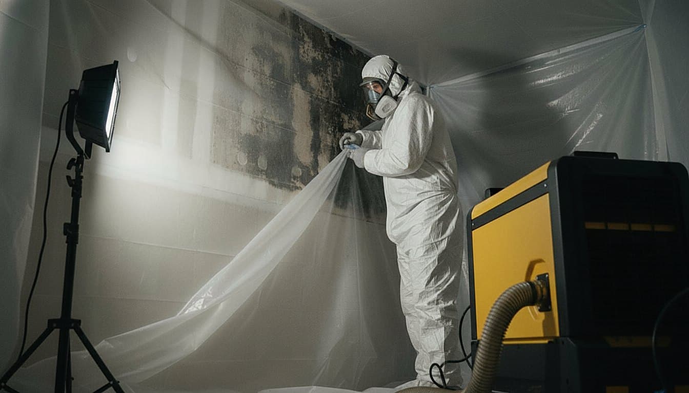 Technician in respirator scrubbing black mold off a wall