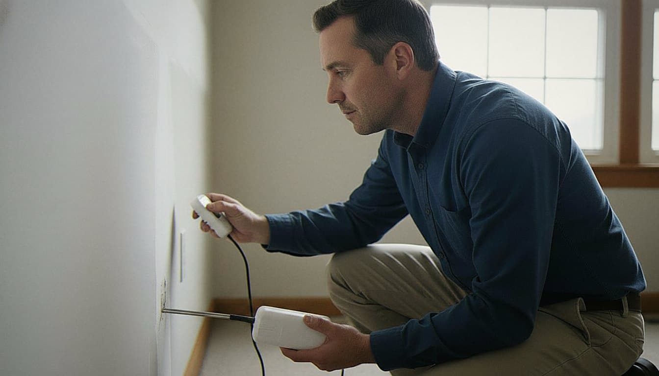 Inspector examining a wall for mold during inspection