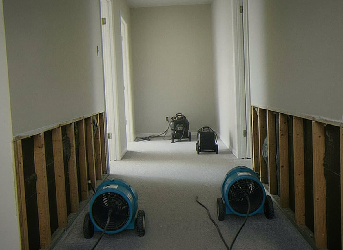 Air movers drying a room after water damage